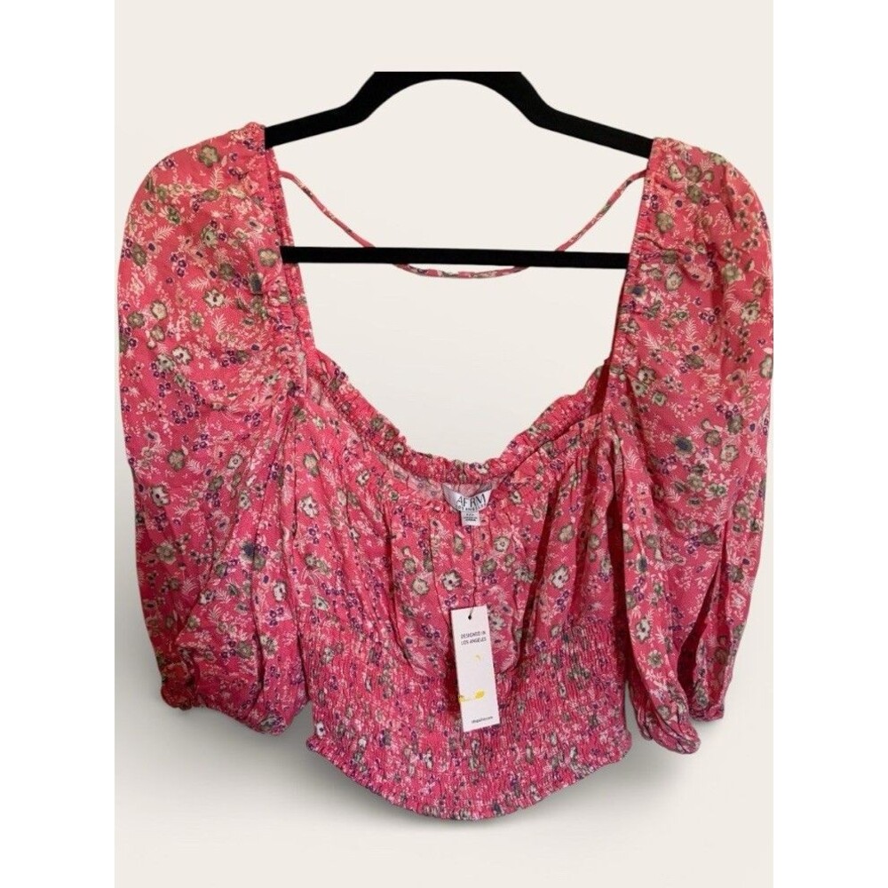 AFRM at Free People‎ Waverly Smocked Crop Top Pink Floral Puff Sleeve S NWT